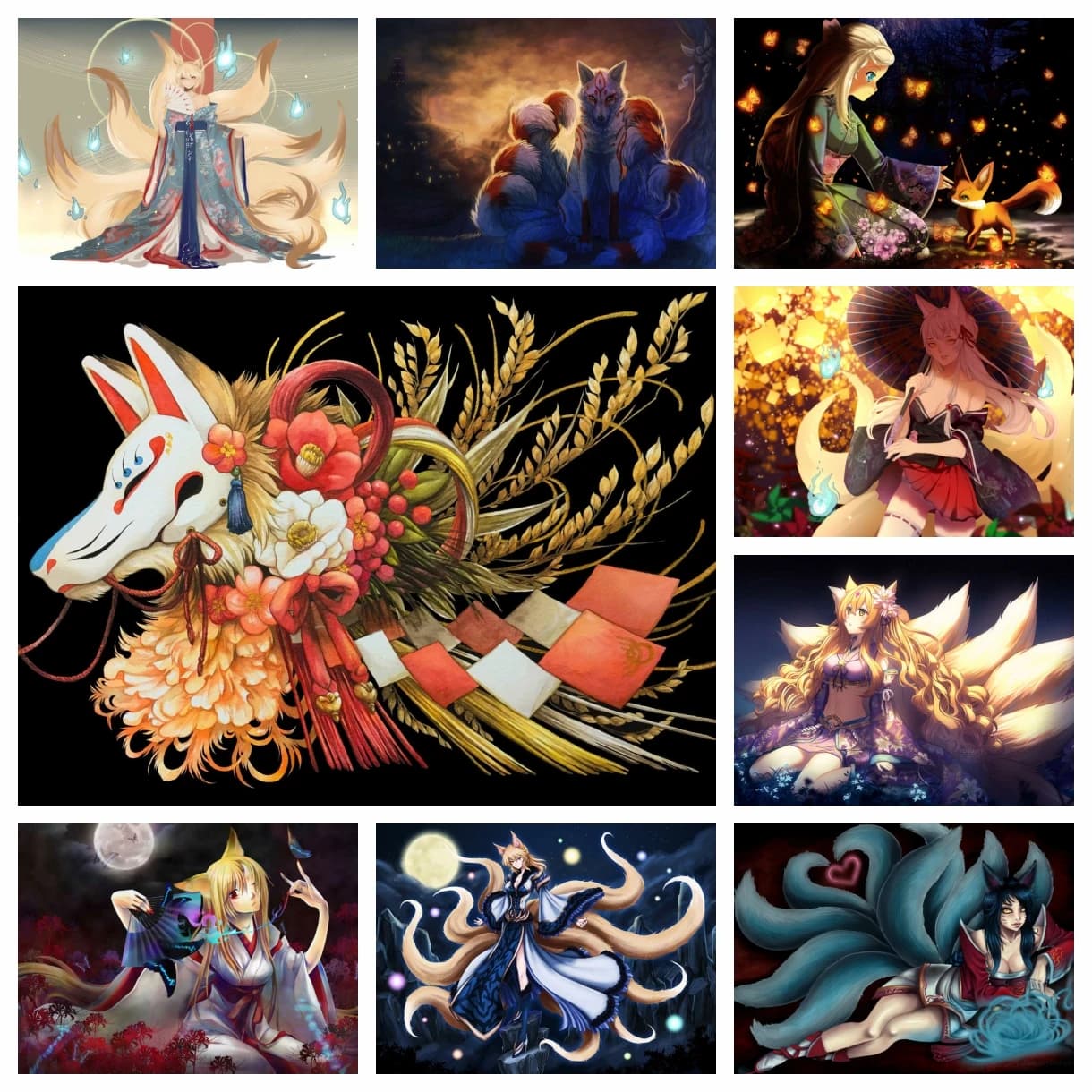 Fai da te pittura diamante fatta a mano arte fantasy kitune ragazza e nove code volpe punto croce ricamo immagine mosaico artigianale decorazioni per la casa