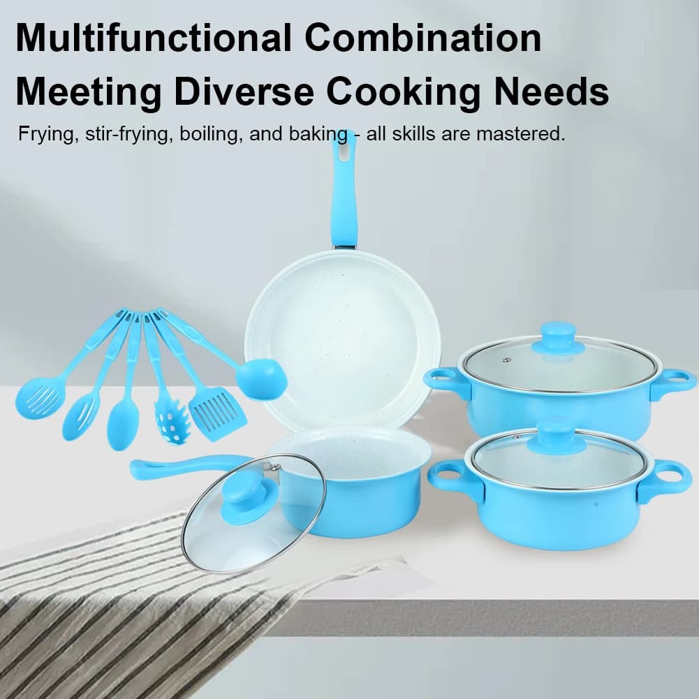 12Pcs Non Stick Cookware Set Cooking Pot with Lid Milk Pot Maifan Stone Frying Pan Cooking Pot Set for All Types of Cooker