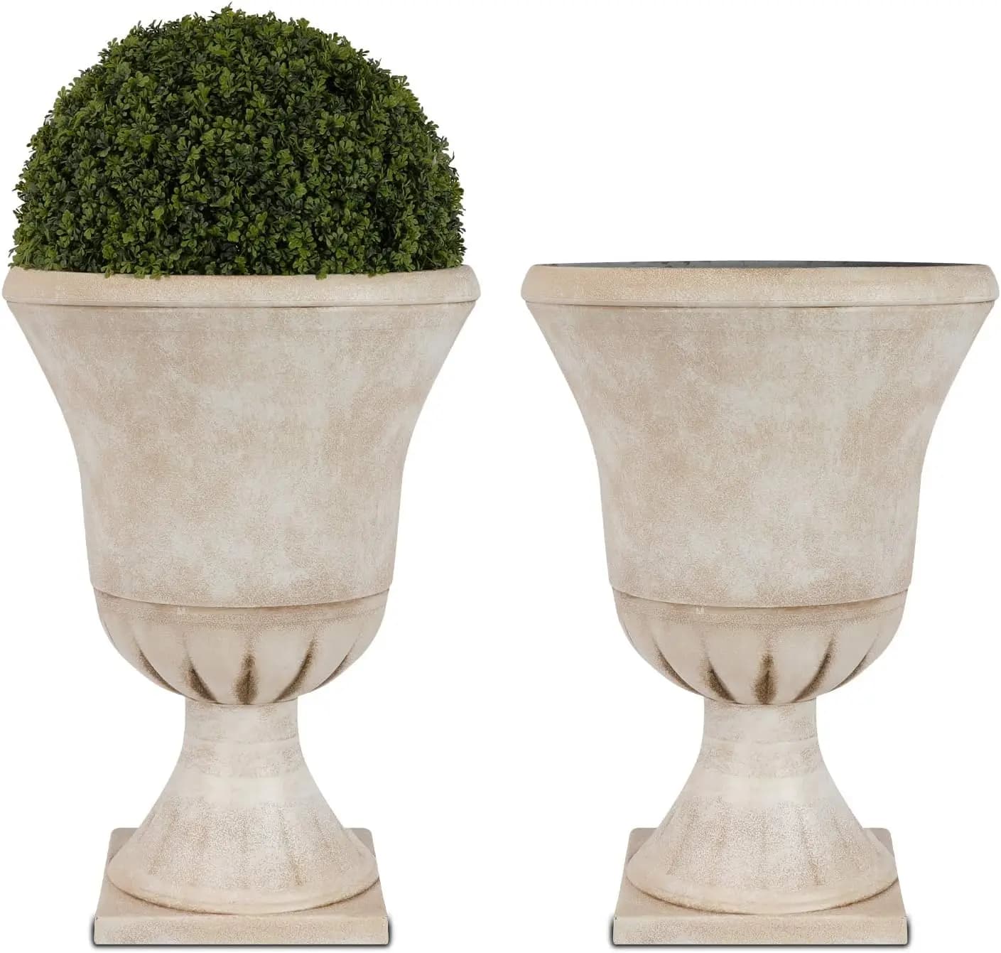 Garden Plastic Urn Planters for Outdoor Plants, Tree 22'' Tall 2 Pack Round Classic Resin Flower Pots Indoor Beige Traditional Front Porch 15 in Dia. Large Imitation Stone Decorative Patio Deck