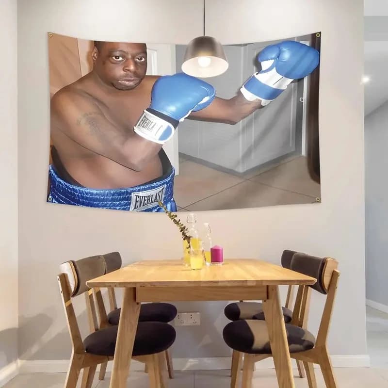 Interesting Polyester Wall Mat with Blue Boxing Gloves, Umoristic Decoration for Gym