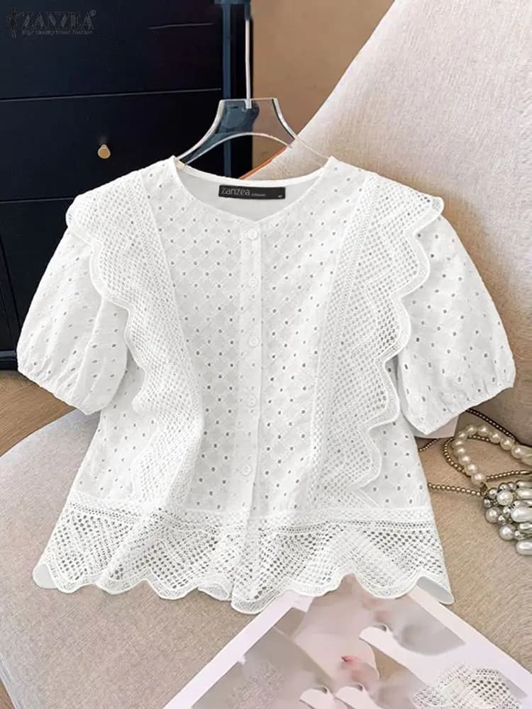ZANZEA Camicetta ricamata da donna 2025 Camicia estiva scava fuori Elegante O Collo Manica corta Top Elegante vacanza Blusas Tunica Femme