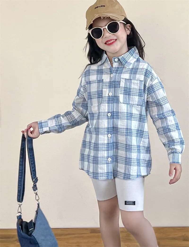 Camicia a maniche lunghe con pendolo ad arco scozzese blu per ragazzi e ragazze primaverili e autunnali per ragazze coreane Pantaloni da ciclismo bianchi Singolo scatto