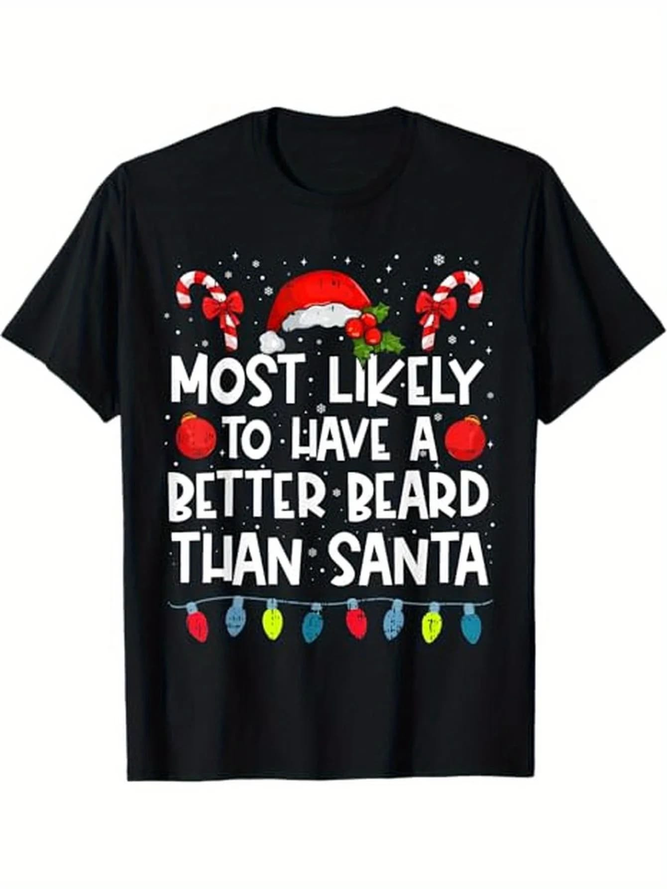 Maglietta natalizia unisex "Most Likely to Pet The Reindeer", 100% cotone nero, cappello da Babbo Natale/canne di caramelle, abbigliamento per la famiglia S-XXXL