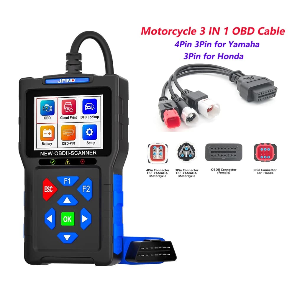 Lettore di codici di guasto scanner OBD2 JFIND JF700 Strumenti diagnostici OBDII per auto moto Test di carica di tensione per Yamaha Honda ELM327