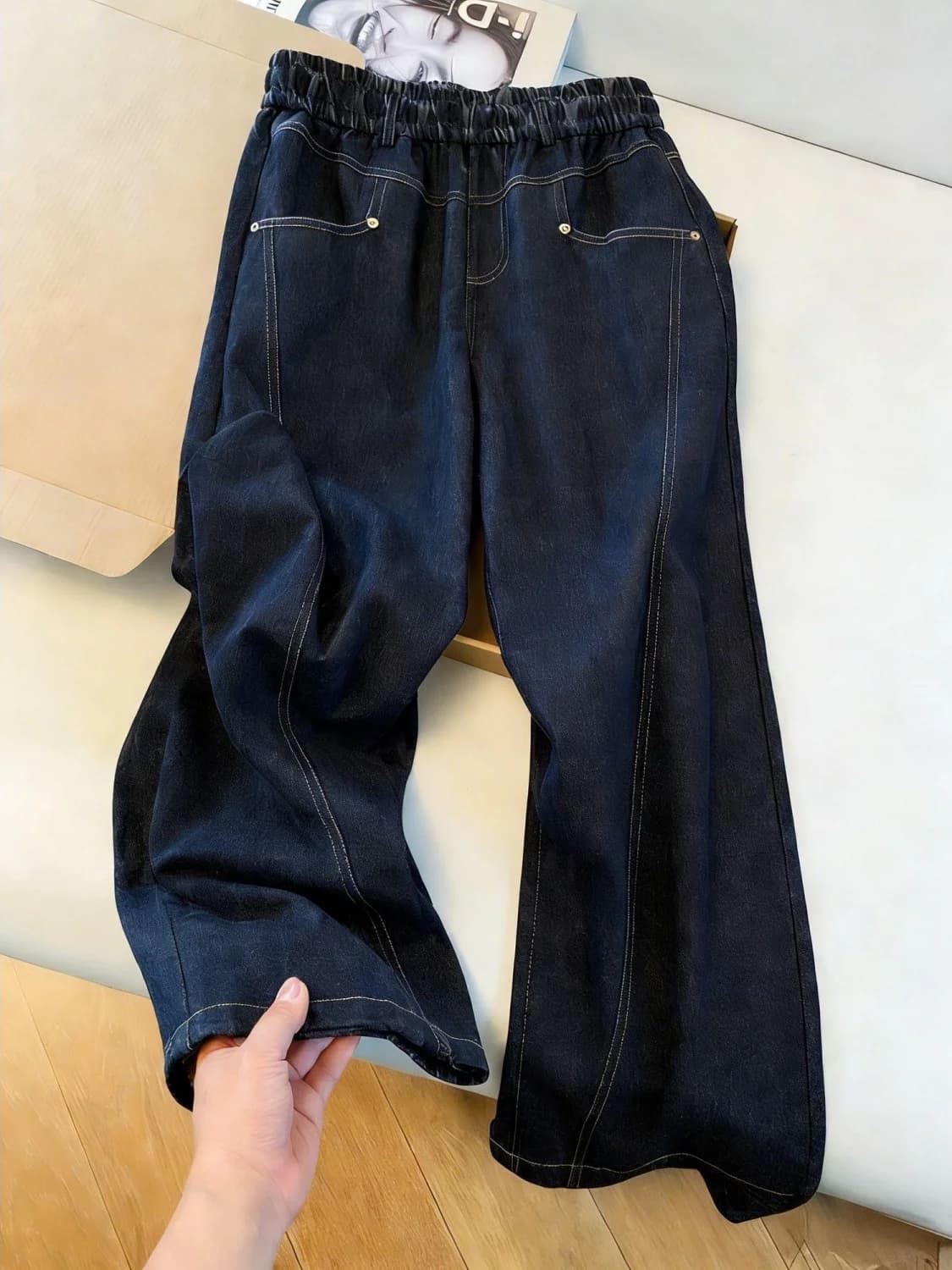 Deep Blue Slimming Women's Jeans Elastic Waist Wide Leg Pants High Waist Decorative Stitching Loose Fit Spring Autumn New Arr...