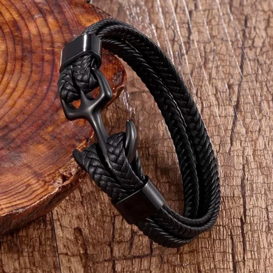Bracciale in acciaio al titanio, ancoraggio per barca intrecciato in pelle di vacchetta nera, bracciale in vera pelle in acciaio inossidabile, corda in pelle