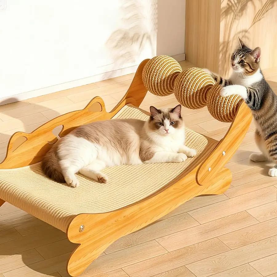 Cuccia Tiragraffi per Gatti da Interno, Lettino Amaca 3-in-1 in Legno con Tiragraffi Resistente e 3 Palline in Sisal, Base Robusta Anti-Ribaltamento