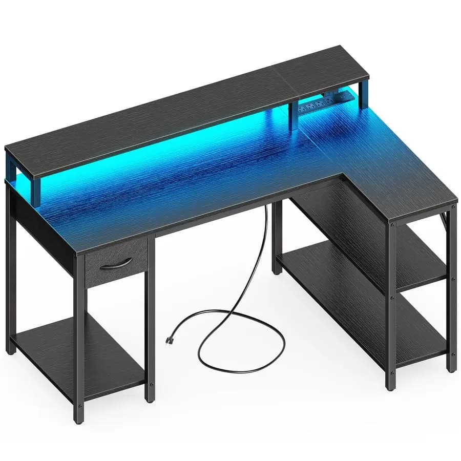 47 inch L-shaped gaming desk with LED lights and sockets, reversible computer desk with shelves and monitor support, corner