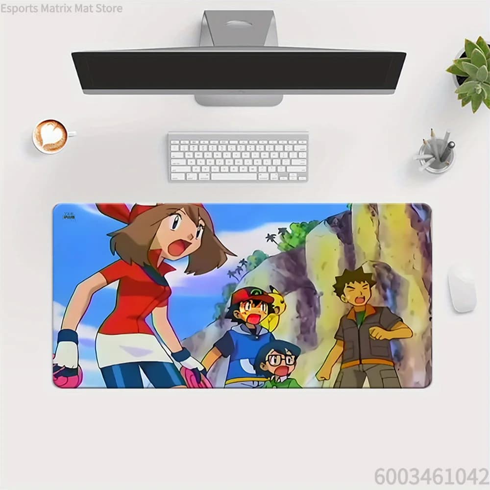 Tappetino per mouse da gioco esteso Pokemon May Ash Brock Max Pikachu Adventure Anime, tappetino da scrivania grande per PC e laptop