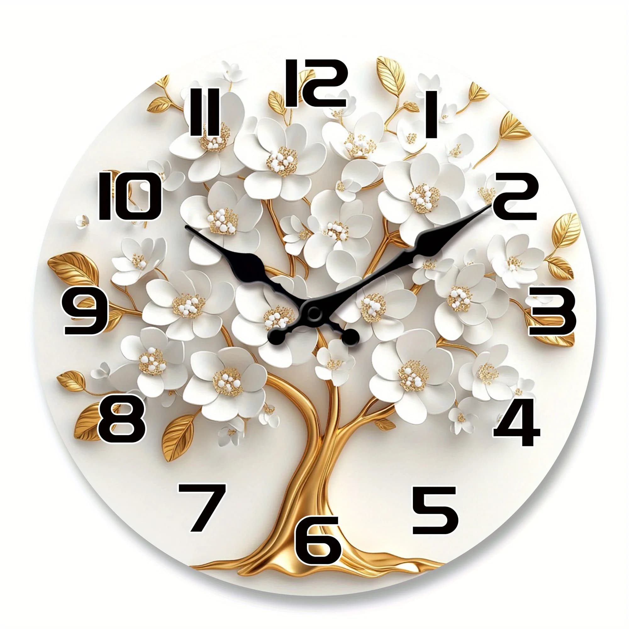 Simple wooden veneer wall clock with white flower and golden tree pattern design, silent clock with flower theme, suitable for living room, bedroom, kitchen, office decoration, modern home art decoration, ideal Valentine's Day, New Year gifts
