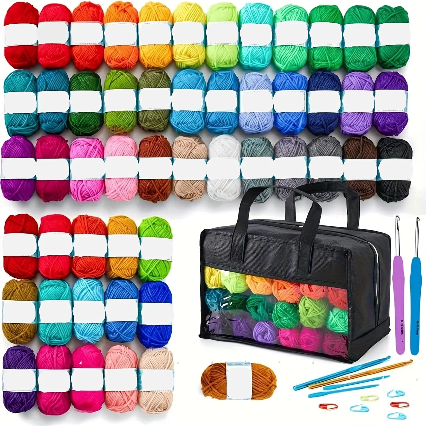 Kit Uncinetto 70/43 Pezzi con Filato Acrilico in 52 Colori, Set di Ganci Ergonomici e Ferri da Maglia, Borsa Portatile per Principianti e Adulti
