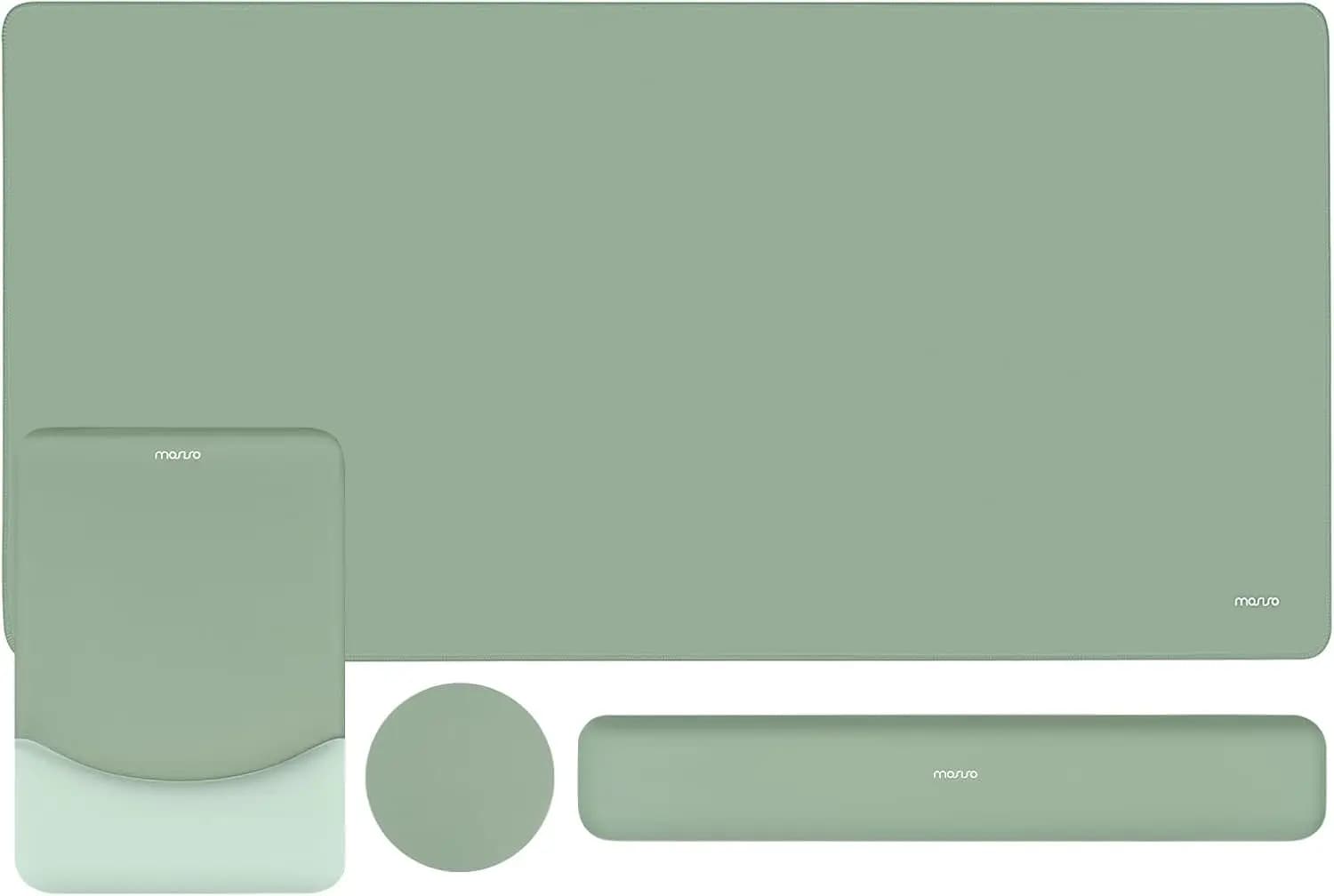 Set Tappetino per Mouse da Gaming Grande con Poggiapolsi e Sottobicchiere, Tappetino Ergonomico Antiscivolo per Scrivania, Verde Antico