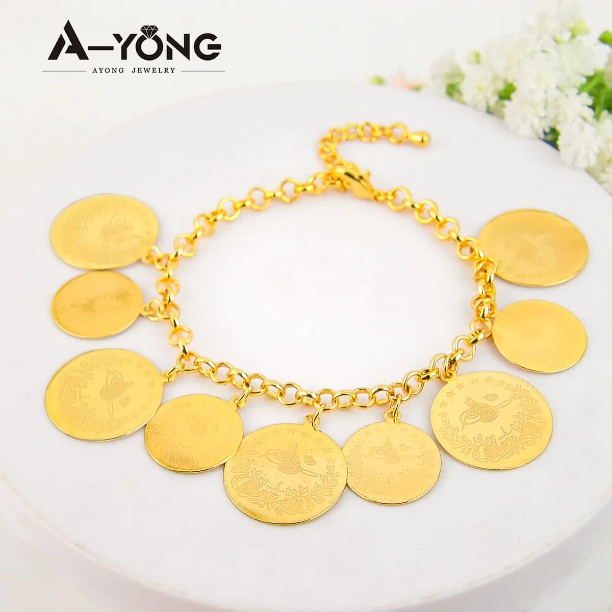 Bracciale con ciondolo monete d'oro arabe Braccialetti di moda turchi placcati in oro 18 carati Oman Donna musulmana islamica Regali di gioielli per eventi di feste