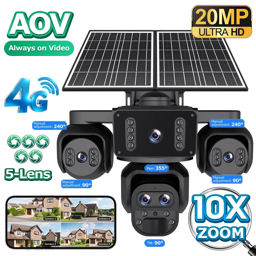 Security Camera Overview PTZ INQMEGA 20M 4G for External with 5 Lens, 4 Screens, Night Vision Color, Video Cameras Wireless CCTV