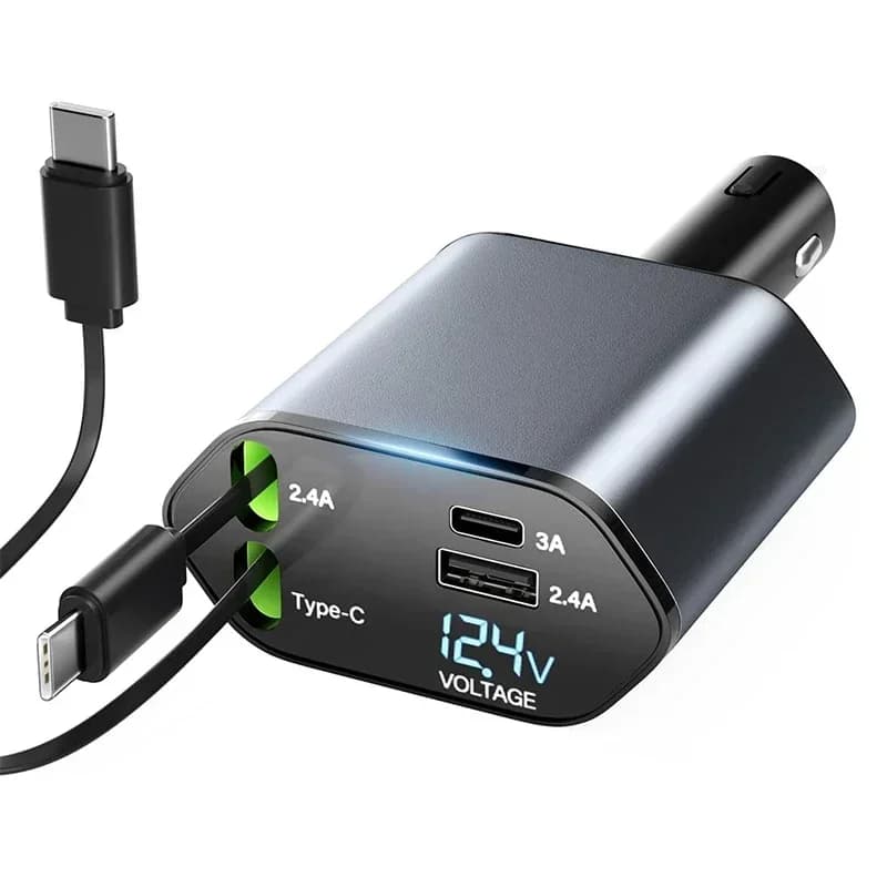 NUOVO caricabatteria per auto retrattile 4 in 1 120W ricarica super veloce per telefono per auto 2 cavi retrattili di tipo C e 2 porte, vendita calda
