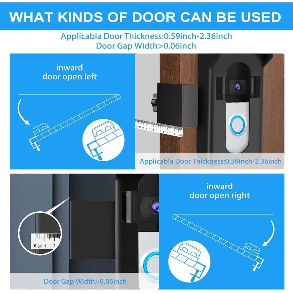 Video doorbell bracket for easy no-drill setup fits door thickness 0.59 in to 2.36 in optimized for sensor exposure