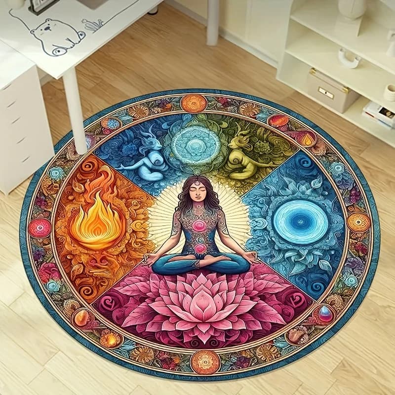Tappeto rotondo Chakra Lotus Design meridiano acqua e fuoco, tappetino yoga in velluto di cristallo antiscivolo per meditazione, soggiorno e arredamento camera da letto