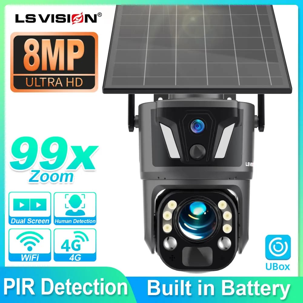 Telecamere di sorveglianza per esterni LS VISION 4K 8MP con zoom 99X, Wi-Fi/4G, doppio obiettivo, doppio schermo, doppio sensore PIR, rilevamento AI umanoide.