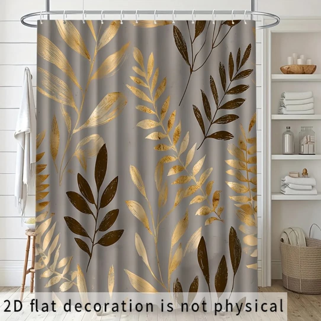 2D Flat, 2D Flat Shower Curtain 1pc, Golden and Dark Brown Leaf Pattern Printed Shower Curtain, High-End Elegant and Easy-to-Ins