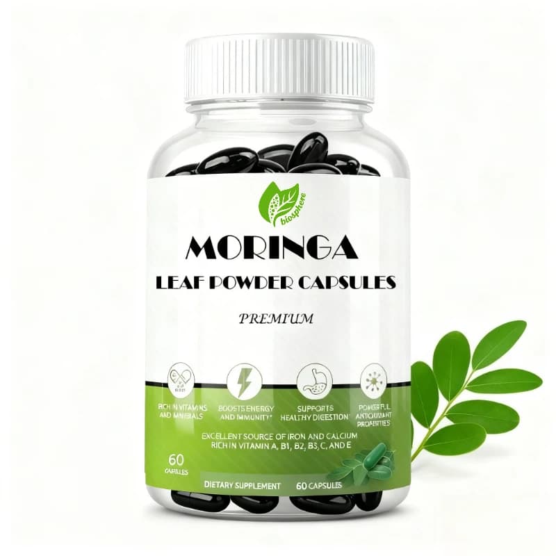 100% pure Moringa powder supplement, digestion supply, rich in vitamins and minerals, gluten-free, 60 vegetarian capsules