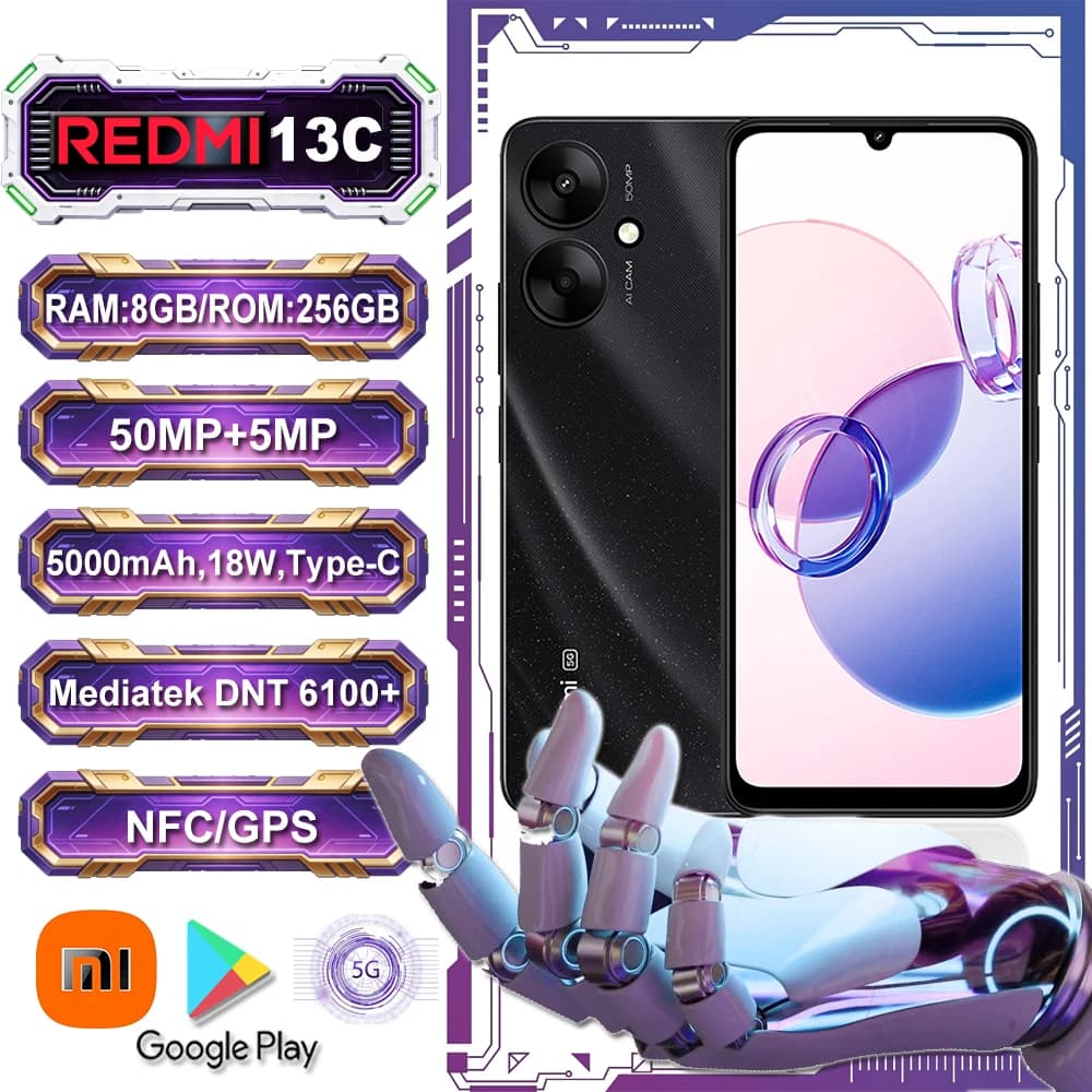 [Specifiche UE/USA/Regno Unito] Smartphone originale alla moda Redmi 13C 5G 8GB+256GB 5000mAh, display grande da 6,74 pollici, fotocamera 50MP+5MP, batteria da 18W