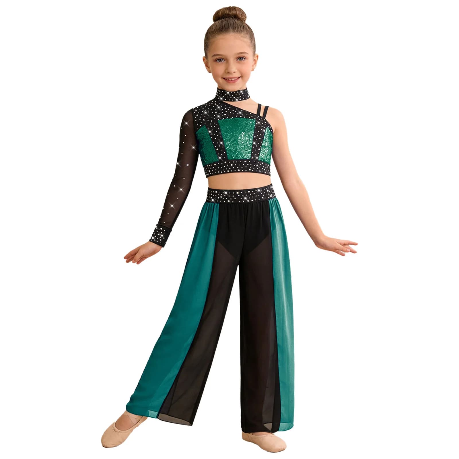 Completo da ballo moderno per bambine: Top corto lucido con pantaloni in chiffon a spacco per pattinaggio artistico, ginnastica e acrobazie
