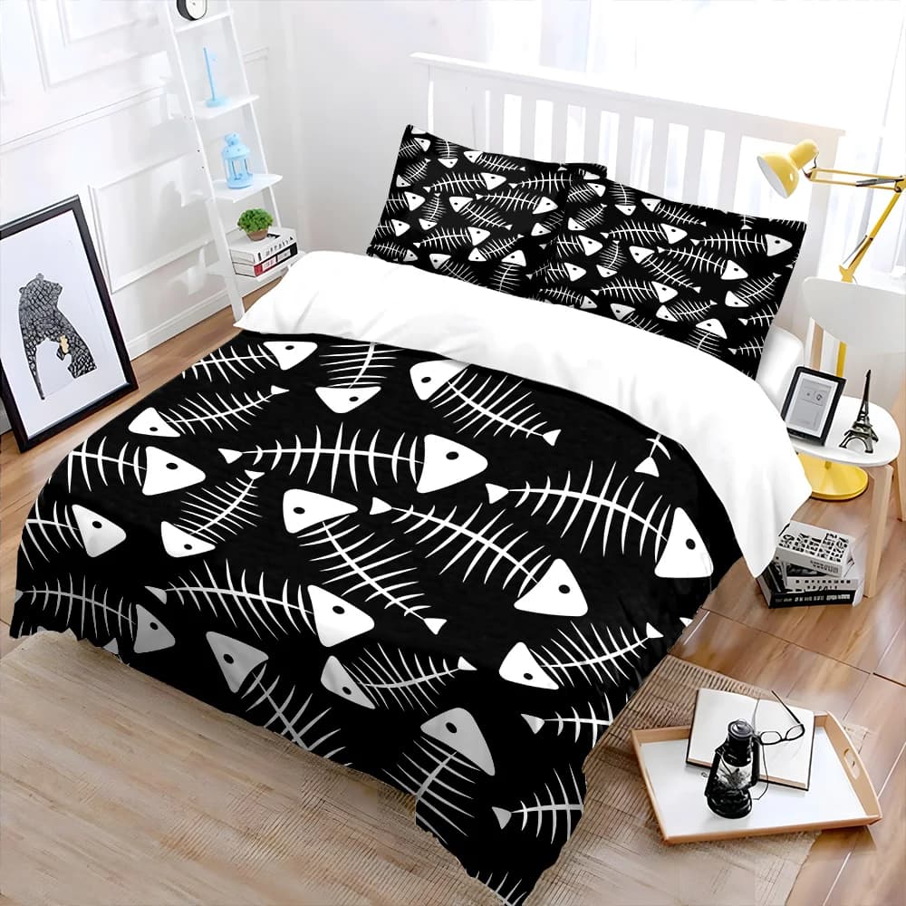 Set di biancheria da letto con stampa nera con motivo a lisca di pesce, 1 copripiumino, 2 federe per adulti e bambini, regalo di lusso, misura completa