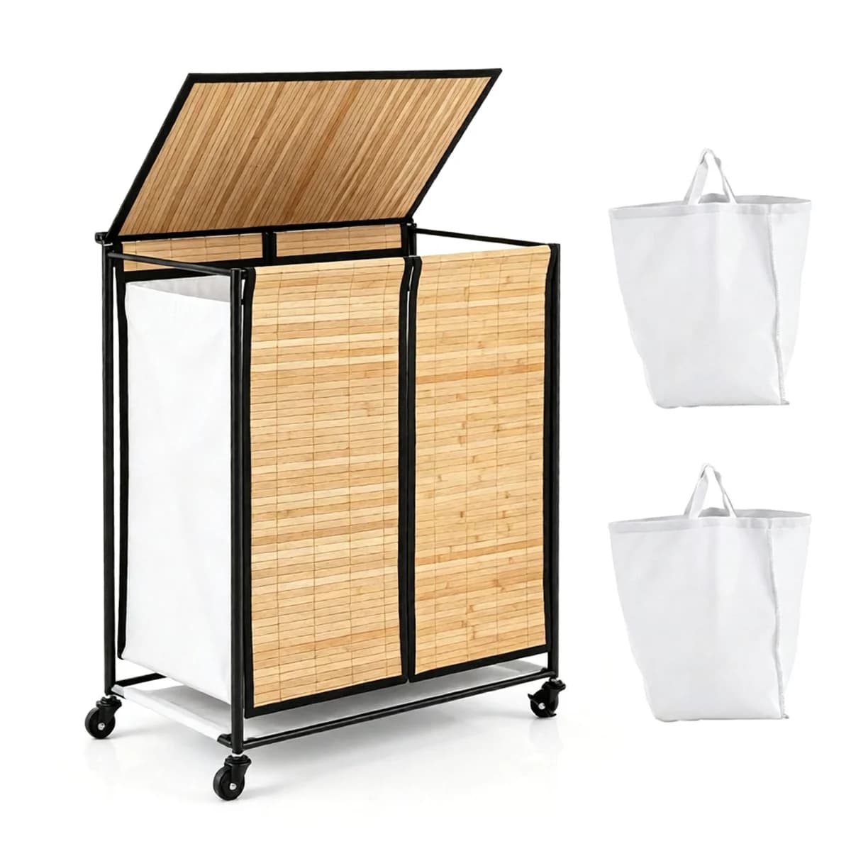 Compact Rolling Bamboo Laundry Hamper with Lid, 2 Sorting Compartments Removable Oxford Liner Bags 360° Lockable Wheels Metal