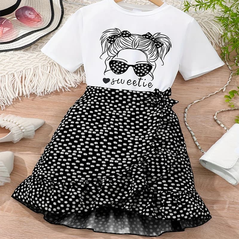 Due pezzi Summer Girl Cute girocollo stampato gonna floreale a maniche corte principessa Daily Casual Birthday Party Costume Set