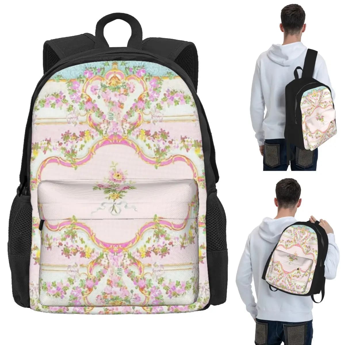 French Rococo Floral Watercolor Panel Student Backpack School Bag Hiking Travel Daypack for Boys Girls Bookbag Shoulder Bags