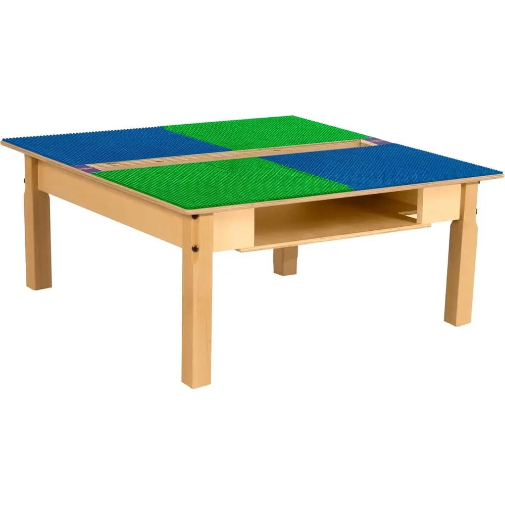 Tavolo da gioco con 35 blocchi quadrati blu e verdi, scrivania in legno massello con fessura e ripiano per bambini e scuole elementari, 14 gambe