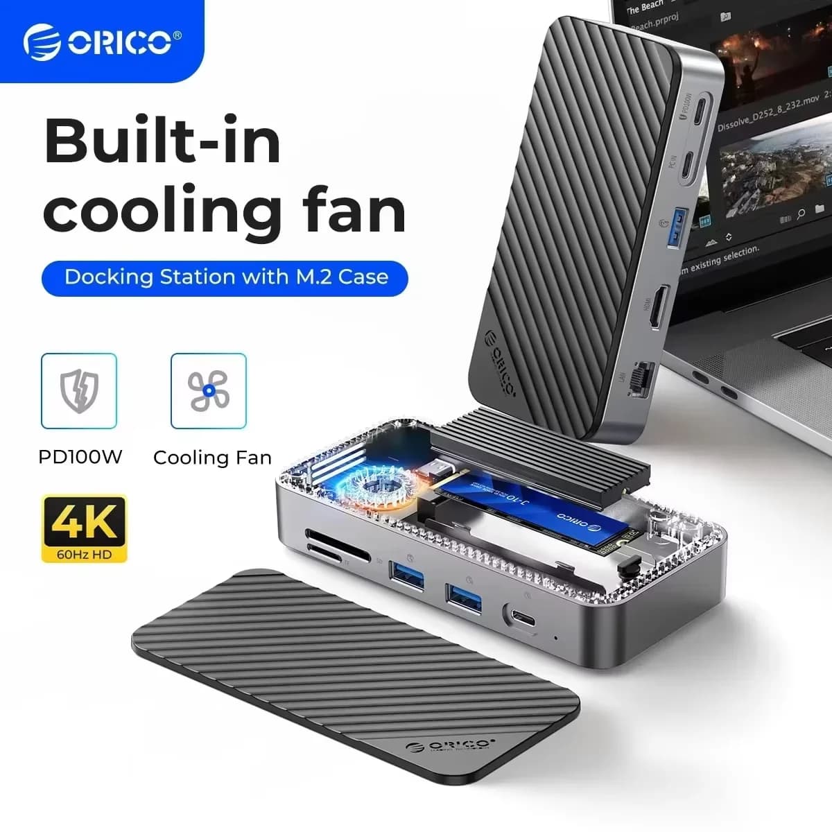 ORICO HUB Tipo C con ventola di raffreddamento M.2 NVMe SATA SSD Custodia esterna 10 Gbps 4K 60 Hz HDMI-Com RJ45 SD/TF Docking station USB