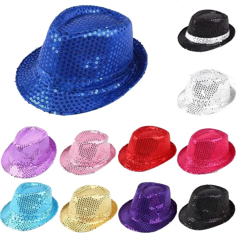 1 PC Cappello da jazz Glitter Paillettes Cosplay Prop Costume da performance Cantante hip-hop Donna Uomo Cappello con perline glitter Spettacolo di danza