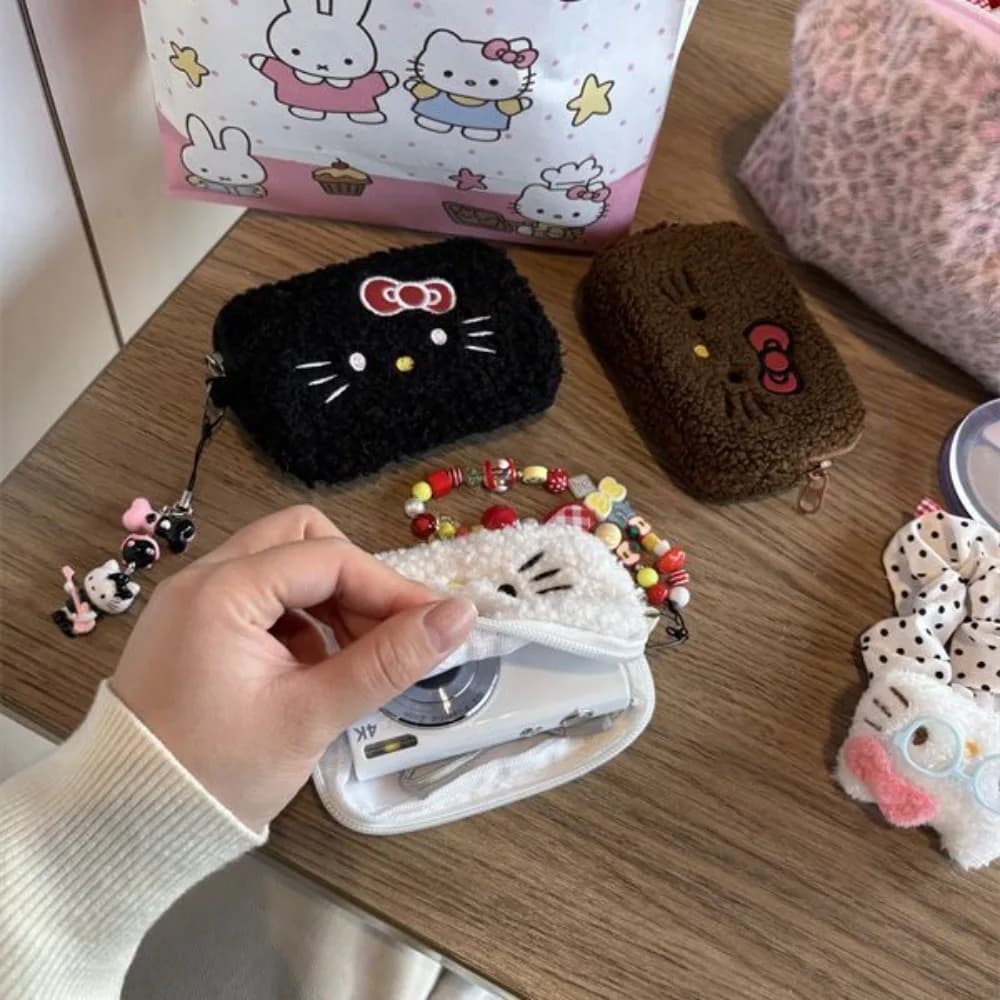 Nuovo Portafoglio in Peluche Hello Kitty, Borsa per il Trucco in Pile di Agnello Sanrio, Piccola Borsetta Kawaii, Portamonete Portatile, Borsa Portaoggetti CCD