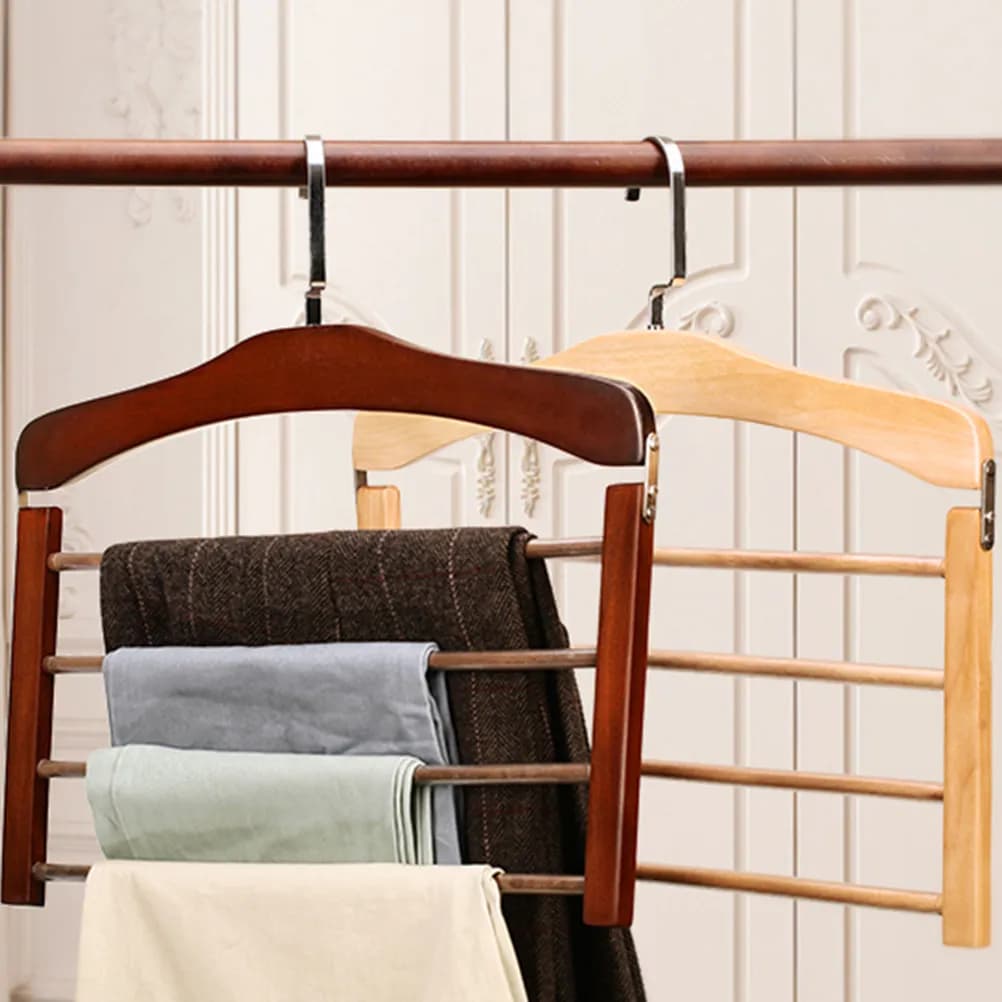 4Pcs Wooden Multi-Layer Pants Hanger Heavy Duty Non-Slip Foldable Clothes Hanger for Pants Scarves Ties Jewelry Easy Access