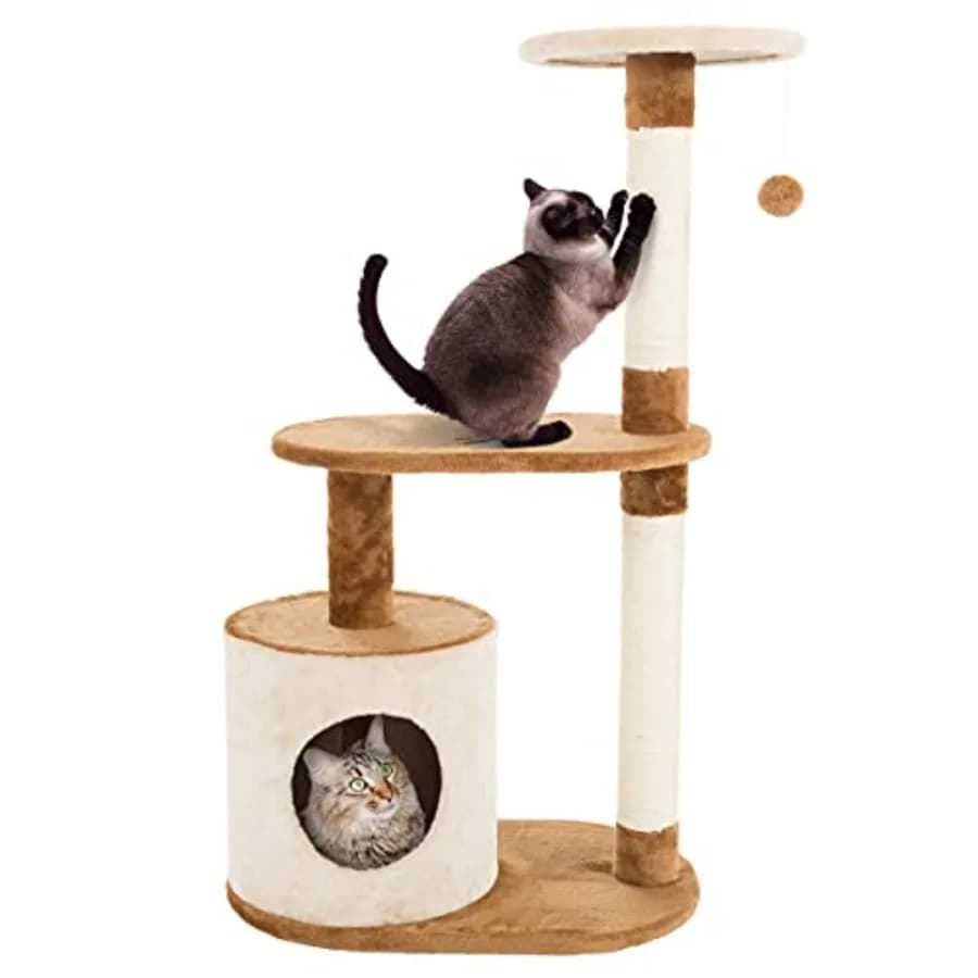 Albero per Gatti a 3 Livelli con Cuccia e Tiragraffi, 37.5 Marrone e Beige, per Gatti da Interno, con Tiragraffi Durevole in Corda di Sisal
