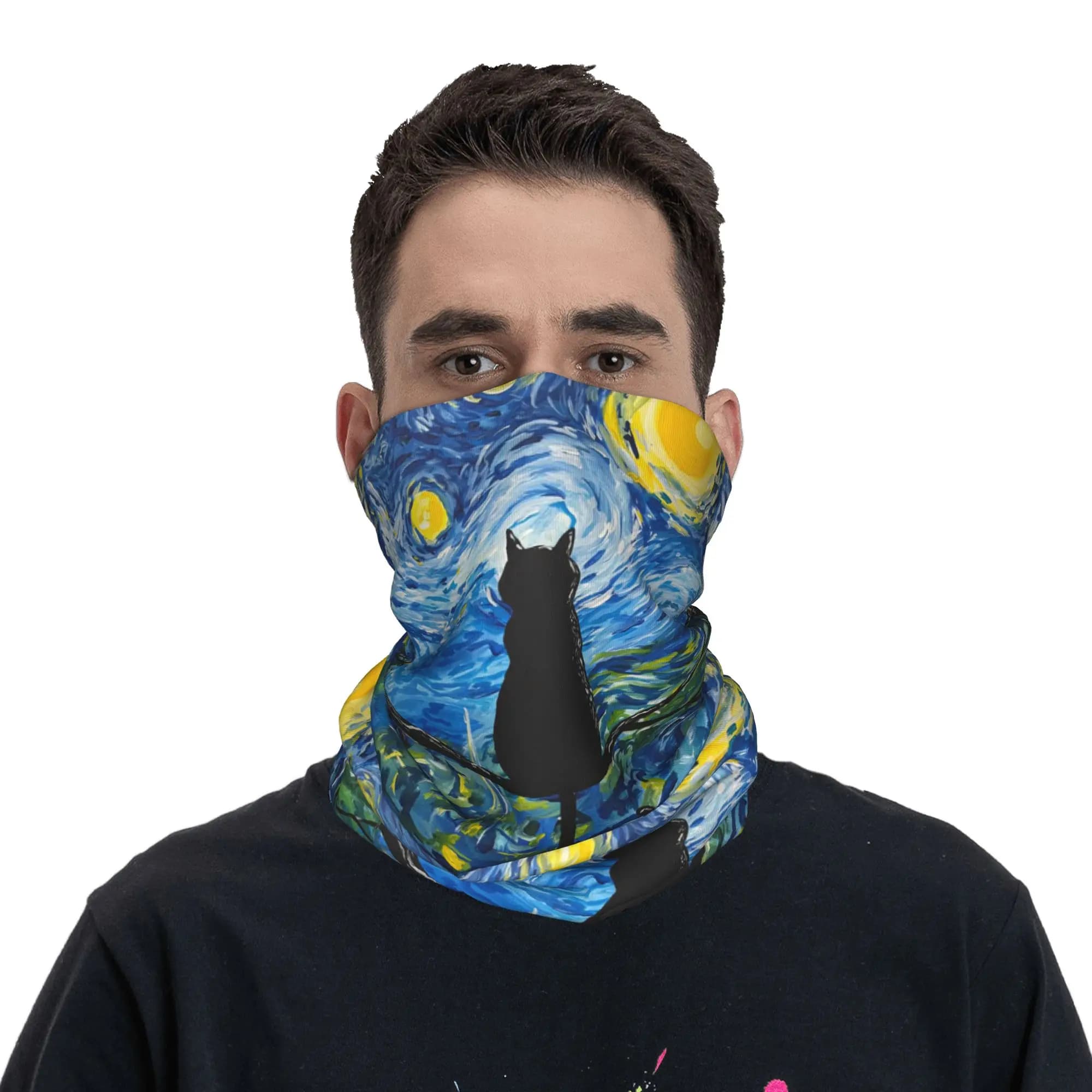 Van Gogh Starry Night Cat Design Bandana, Neck Cover, Printed Magic Scarf, Face Mask, Outdoor Sports, Unisex, Adult, Breathable
