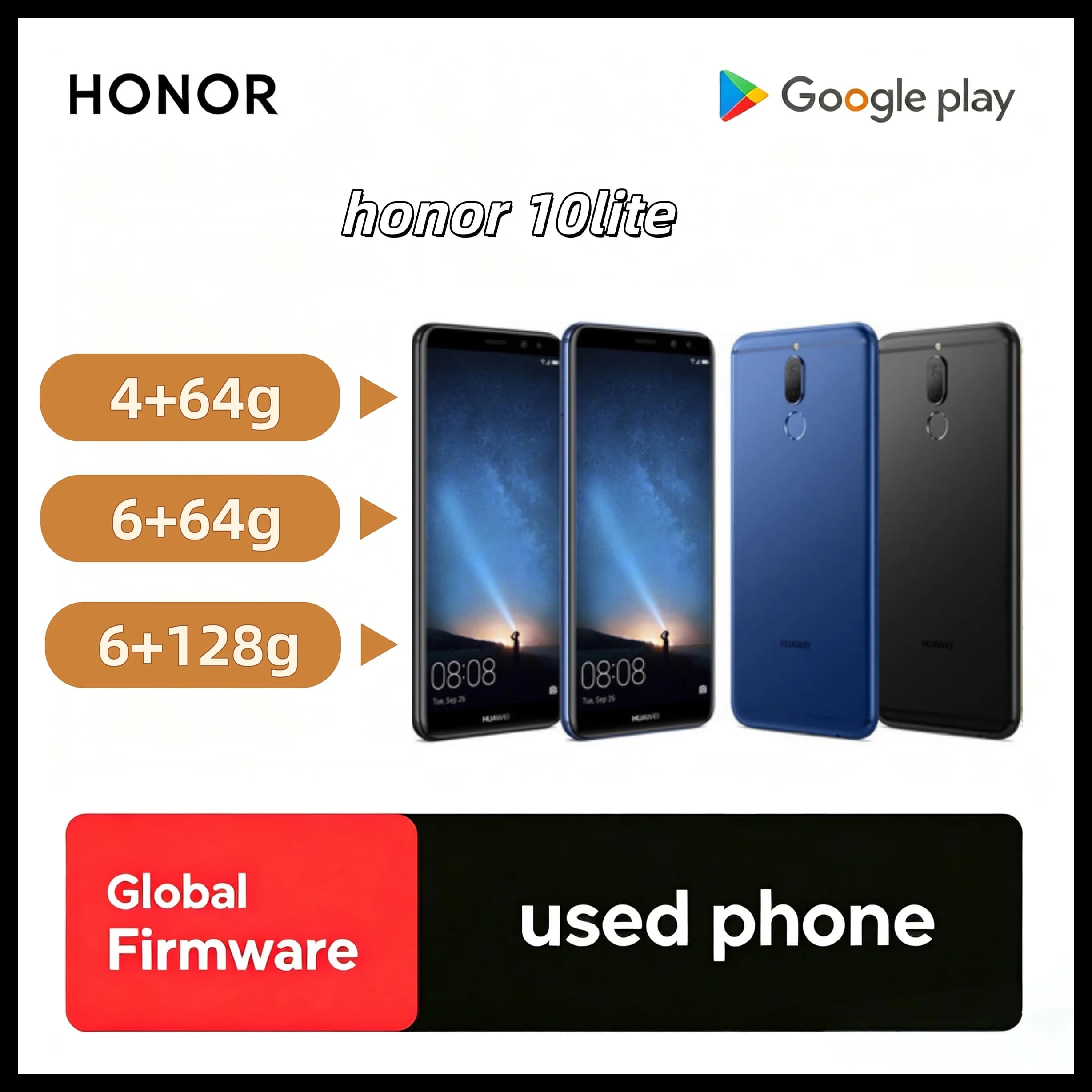 Honor 10 Lite 4G LTE Unlocked Smartphone Global ROM 6.21" Dewdrop Screen Kirin710 24MP Front Camera 13MP used phone