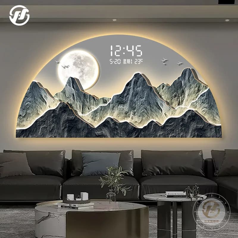 Luxury Landscape Wall Art Auspicious Mountain Backdrop with Digital Display for Living Room Bedroom Teahouse Lighting Painting
