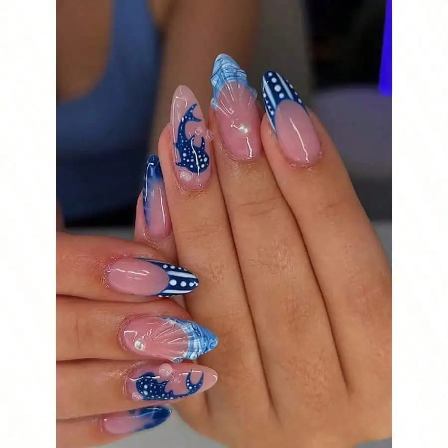 Set da 24 pezzi di unghie finte press-on a forma di mandorla, stile oceano, con perle 3D e fiori sfumati, accessori per nail art, inclusi 1 colla gel e 1 lima per unghie, perfette per donne e ragazze in vacanza, per appuntamenti e per l'uso quotidiano.