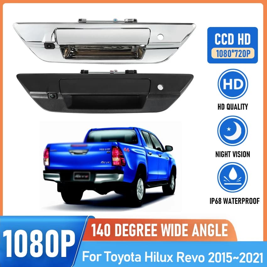 HD 1080P 140 ° Maniglia cromata per portellone posteriore con telecamera per camioncino con vista posteriore con foro chiave per Toyota Hilux Revo dal 2015 al 2021