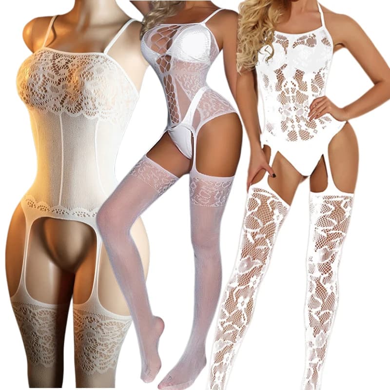 Women Sexy White Jacquard Fish Net Pajamas Exotic Ninghtgown Open Crotch Bedgowm Intimate Pajamas for Couples