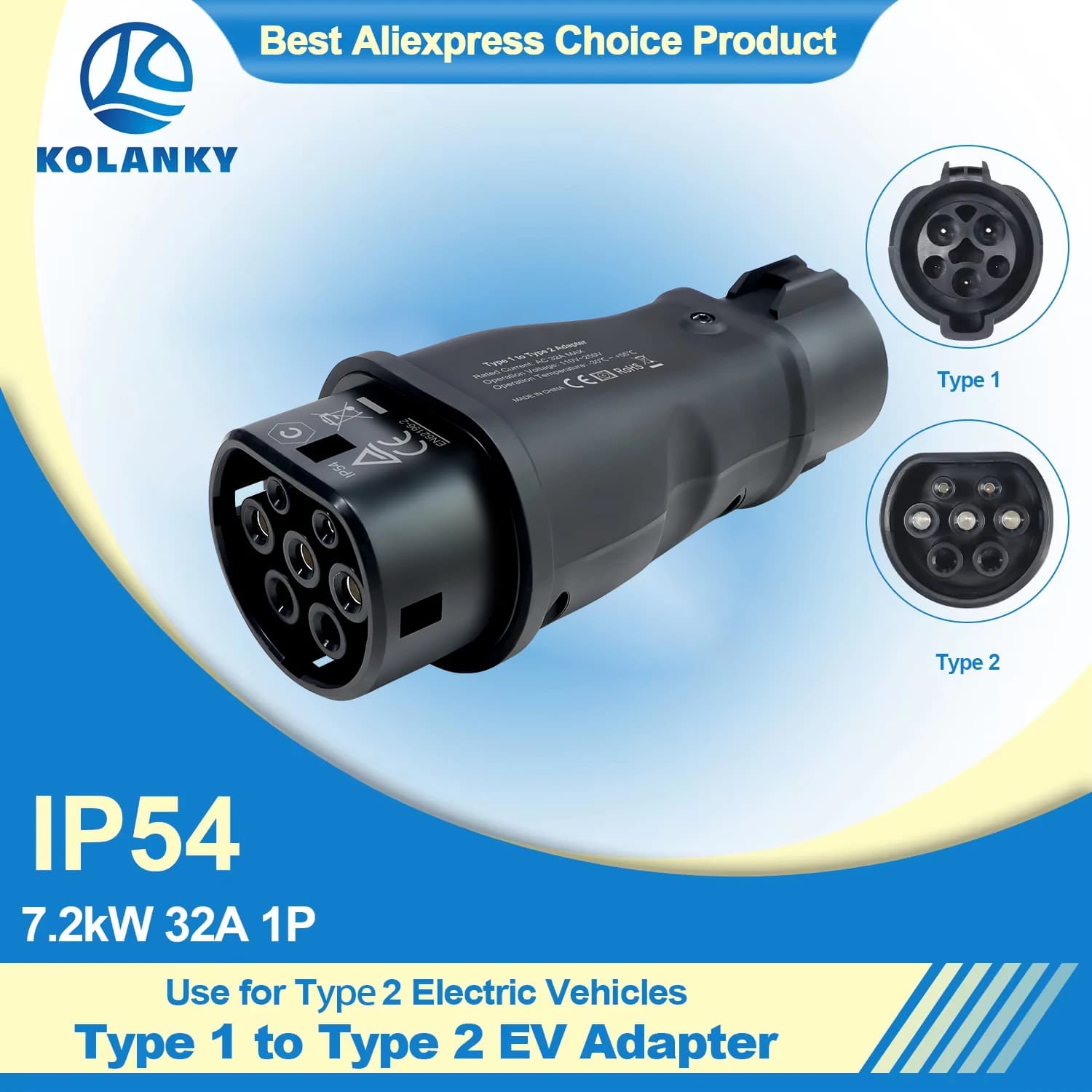 Adattatore caricabatterie EV Kolanky 32A 7.2KW, convertitore da spina SAE J1772 Tipo 1 a presa EU Tipo 2 per veicoli elettrici Tipo 2.