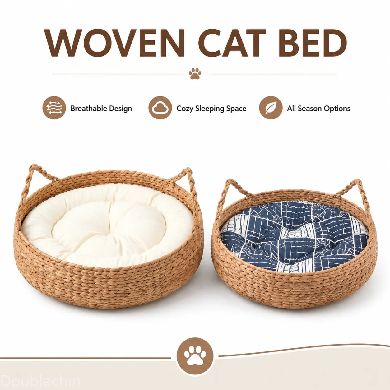 Round Wicker Cat Bed Basket Natural Rattan Pet House Kitten Small Dog Summer Cooling Breathable Sleeping Nest Washable