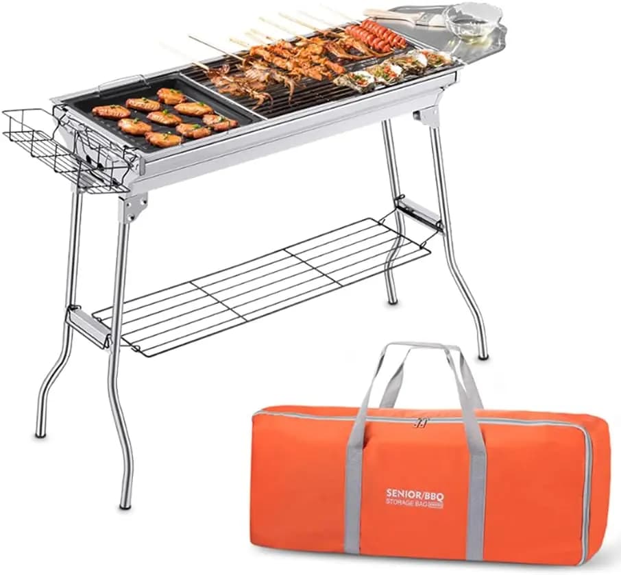 Portable Charcoal Grill with Non-Stick Frying Pan, Outdoor BBQ for Picnic and Family Gathering, Easy Fold with Storage Bag