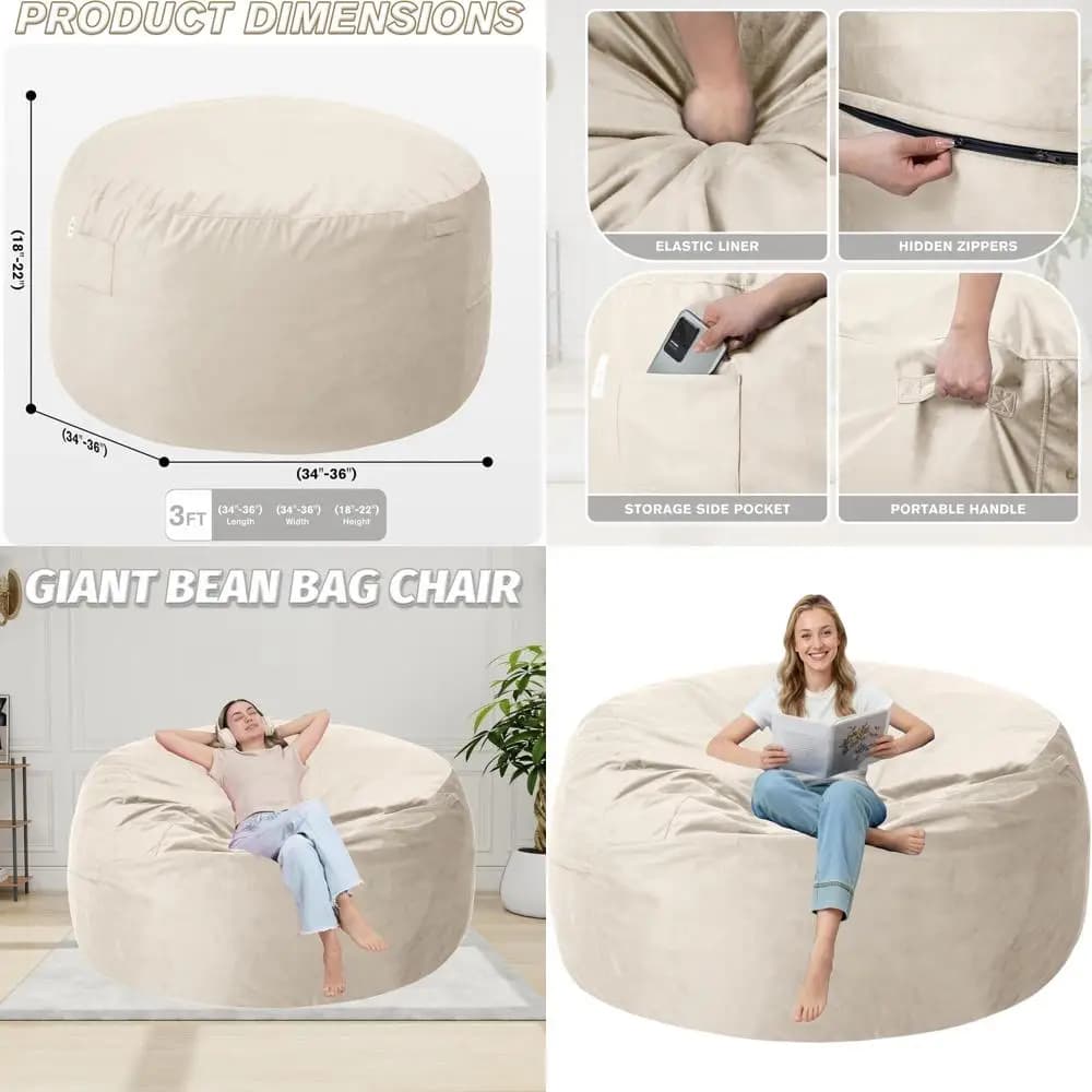 Poltrona a sacco con copertura in velluto ultra morbido con memory foam, divano pigro di grandi dimensioni per dormitorio, ufficio, soggiorno, camera da letto, beige