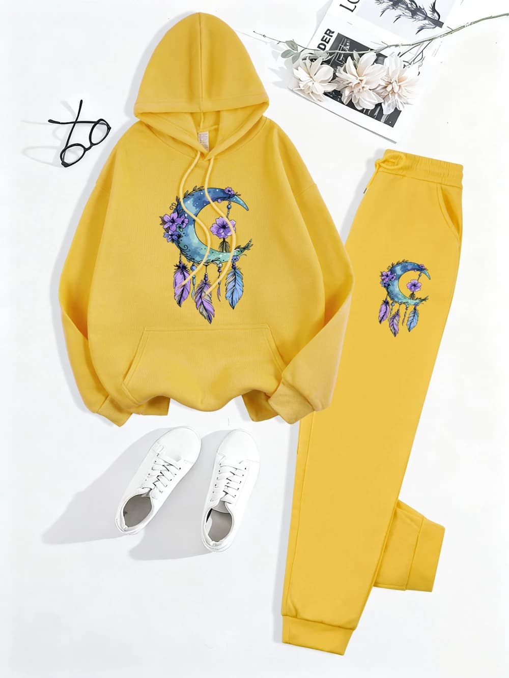 2Pcs Hoodie Set Women Moon Dreamcatcher Feathers Prints Sweatpantscasual Fleece Warm Pocket Hoody Pants Winter Loose Clothes