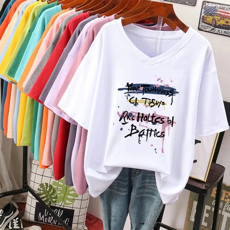Plus Size 6XL 150KG Summer Letter Women's Funny Cotton T-shirt Short sleeve with V-neck Lady Top T-shirts Women's Clothing