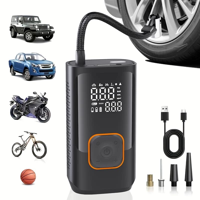 Gonfiatore per Pneumatici Ricaricabile Digitale Senza Fili per Auto, Moto e Biciclette, Compressore Portatile per Riparazione Pneumatici