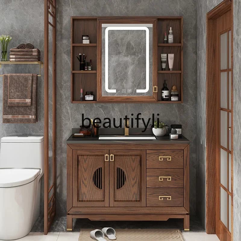 Nuovo mobiletto da bagno cinese in rovere rosso Mobiletto da bagno con specchio intelligente in legno massello Mobiletto per lavabo da pavimento
